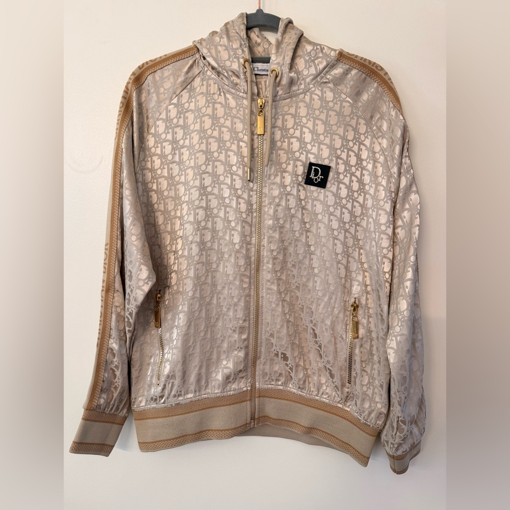 Dior Cream Monogram Hooded Bomber Jacket with Gold Trim